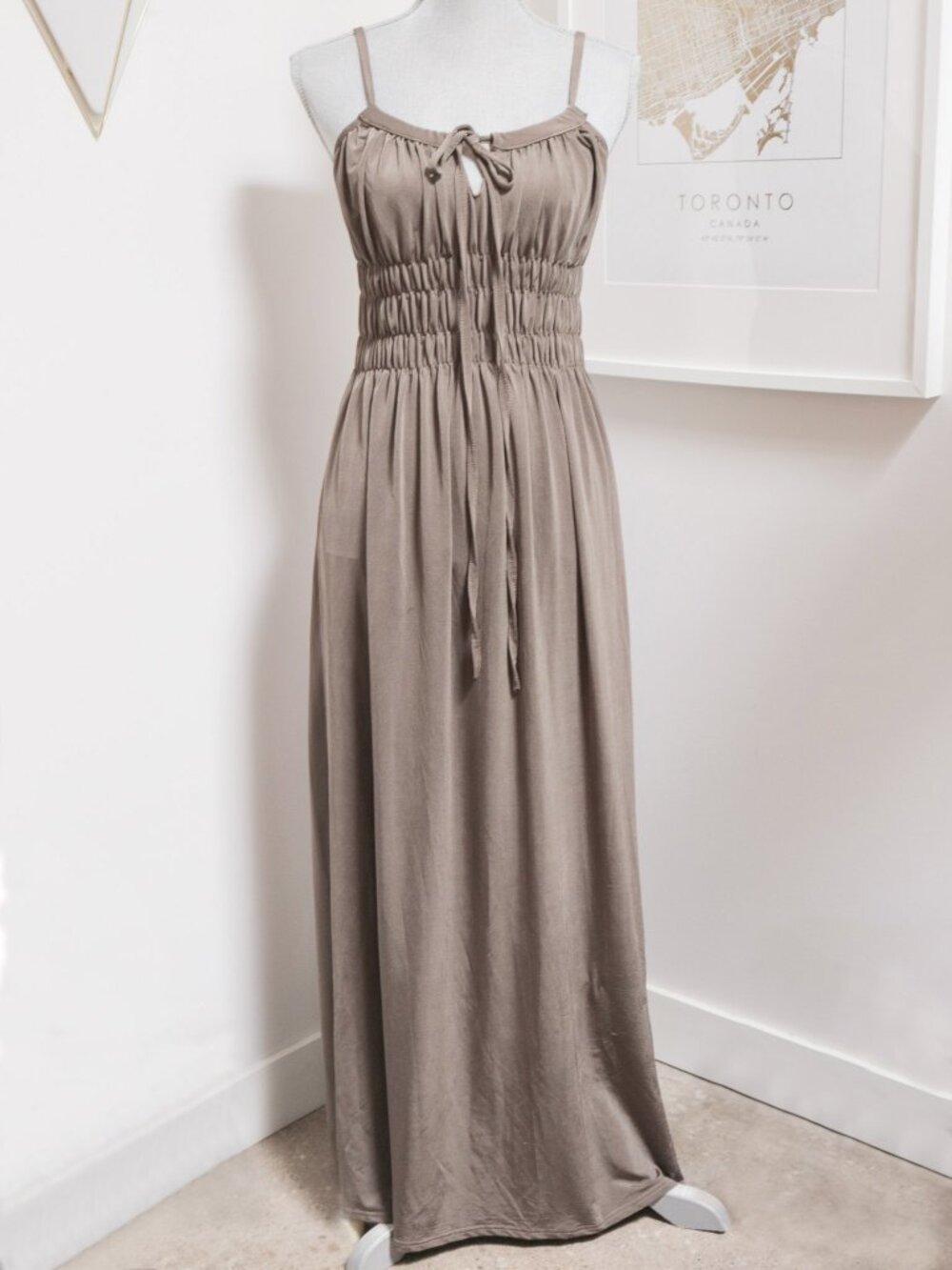 Y2K Taupe Smocked Grecian Maxi Dress, Casual Floor Length Stretchy Summer Dress